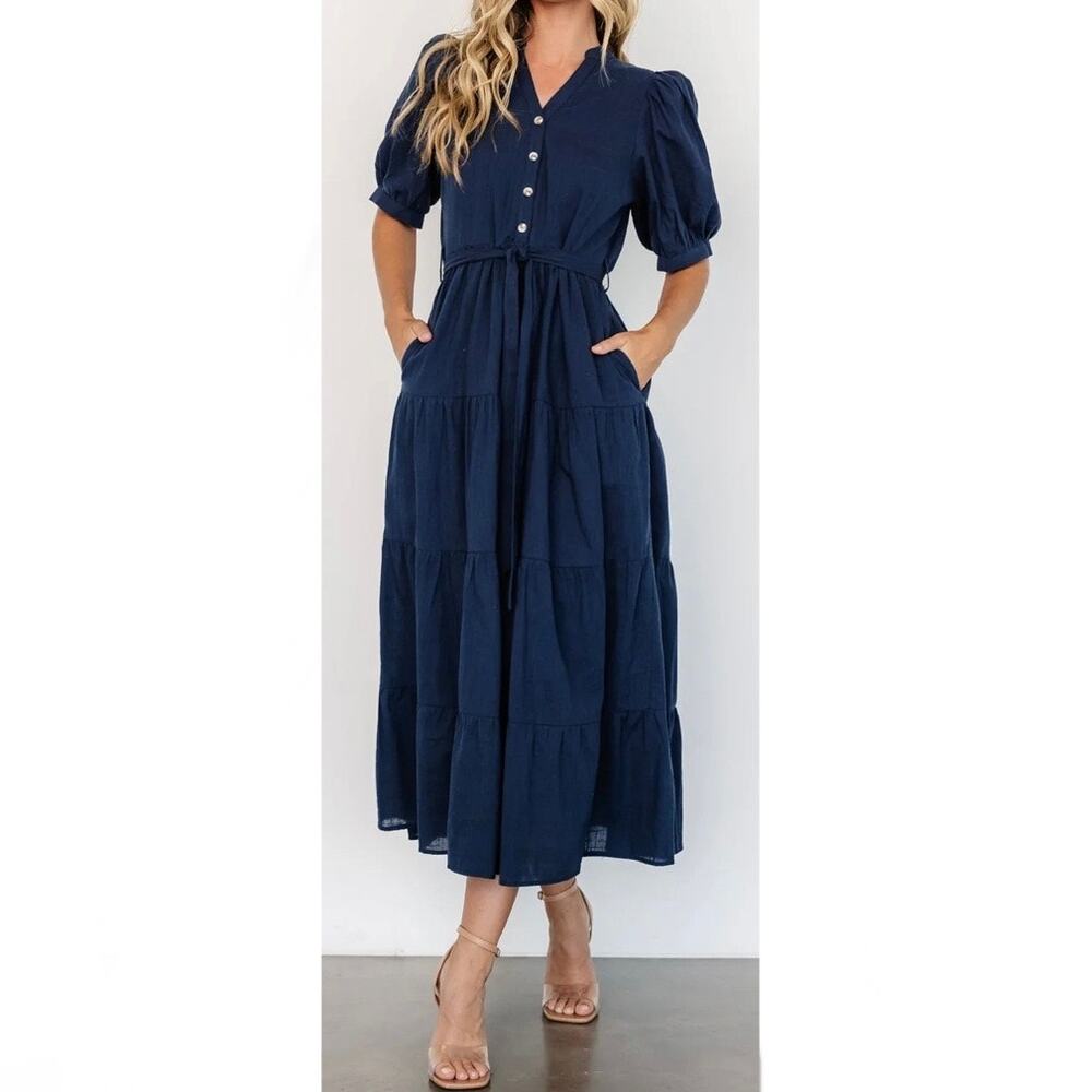 Baltic Born Navy Blue Midi Tiered Button-Front Dress